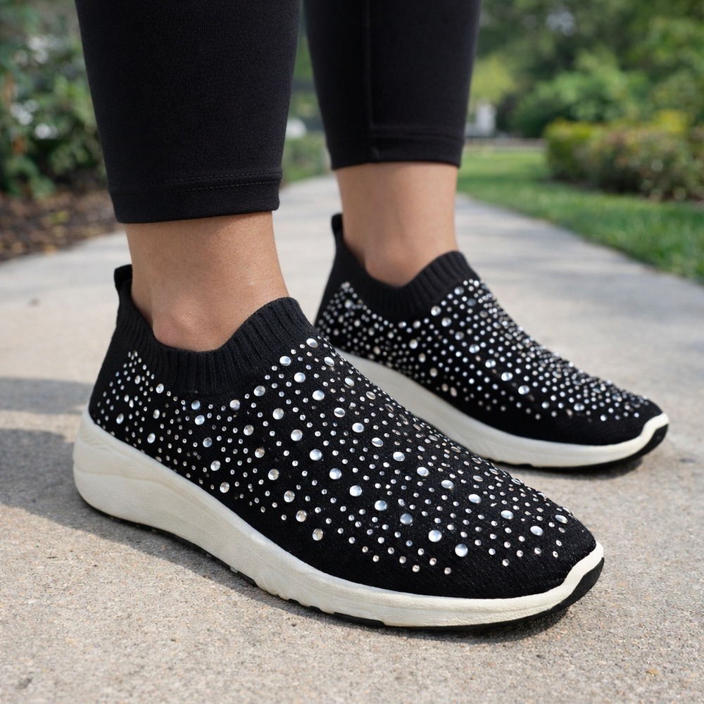 Shoes Slip-On Women Black Canvas with Rhinestones Decor Size 8.5